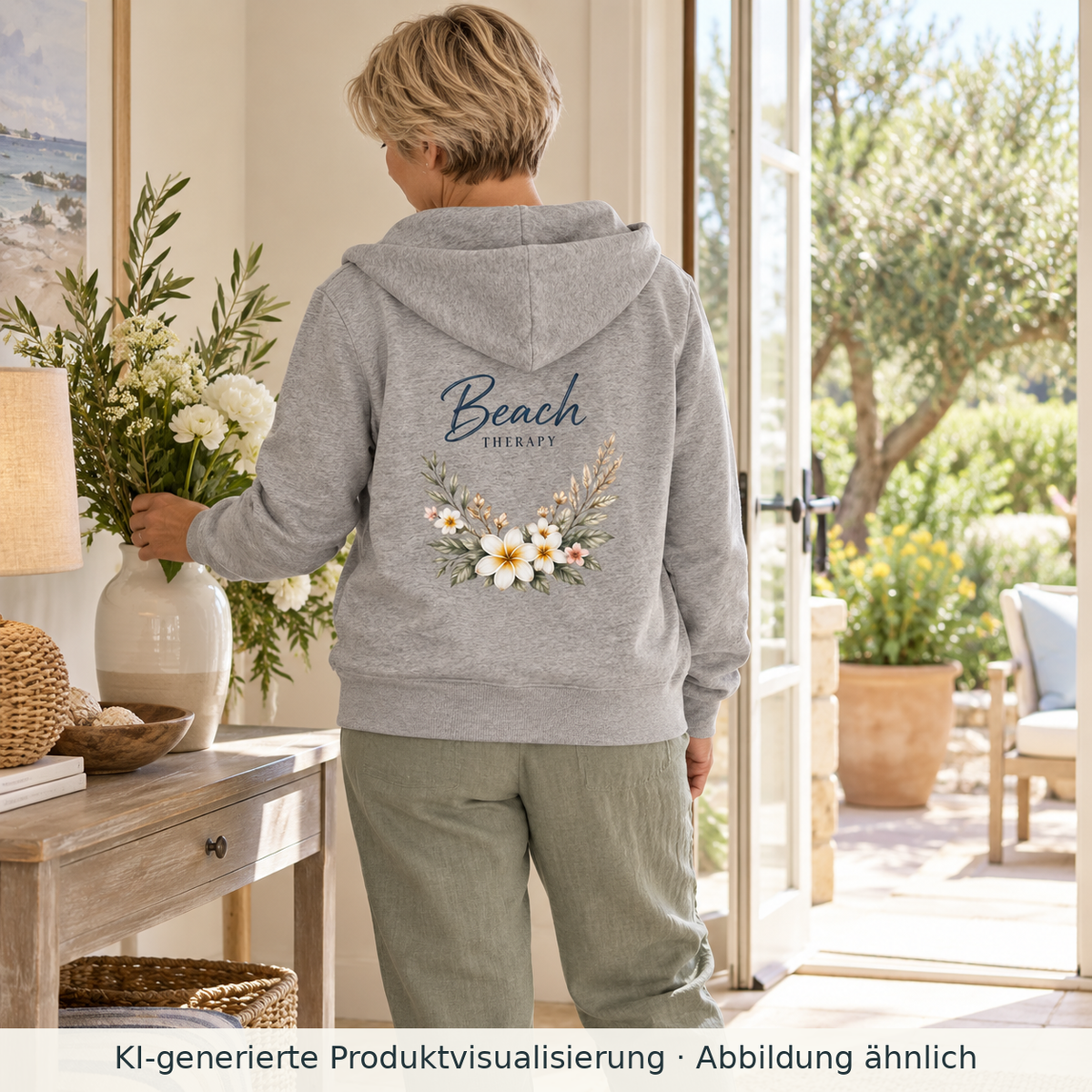 Frau trägt einen Beach Therapy Bio-Zipper in Heather Grey mit floralem Rückenprint beim Arrangieren von Blumen in einer Ferienwohnung.