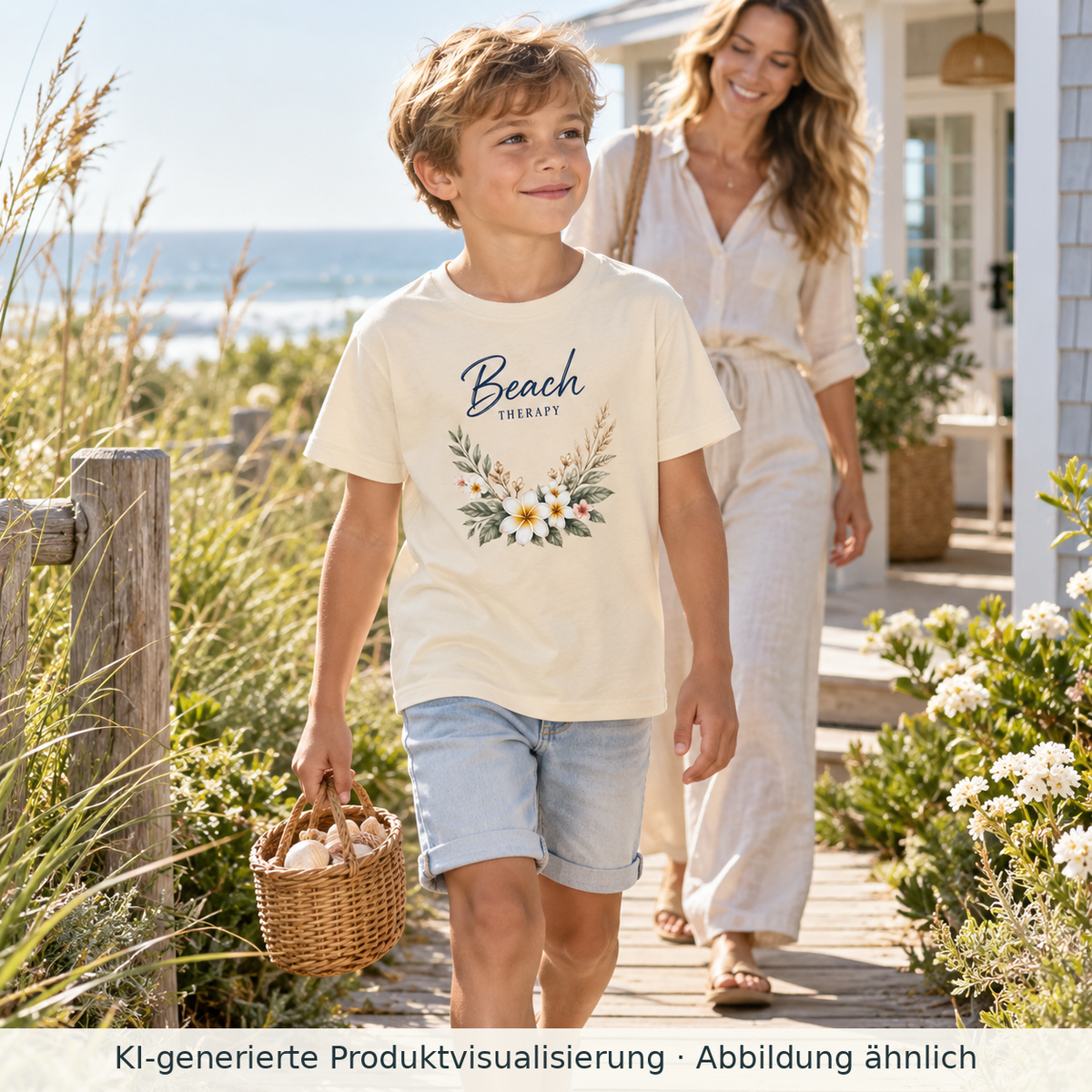 Kind trägt ein Beach Therapy Kinder Bio-T-Shirt in Natural Raw mit floralem Frontprint auf einem Weg am Ferienhaus; seine Mutter begleitet es.