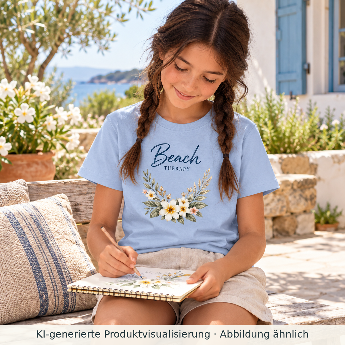 Kind zeichnet Blumen auf einer Terrasse und trägt ein Beach Therapy Kinder Bio-T-Shirt in Blue Soul mit floralem Frontprint.