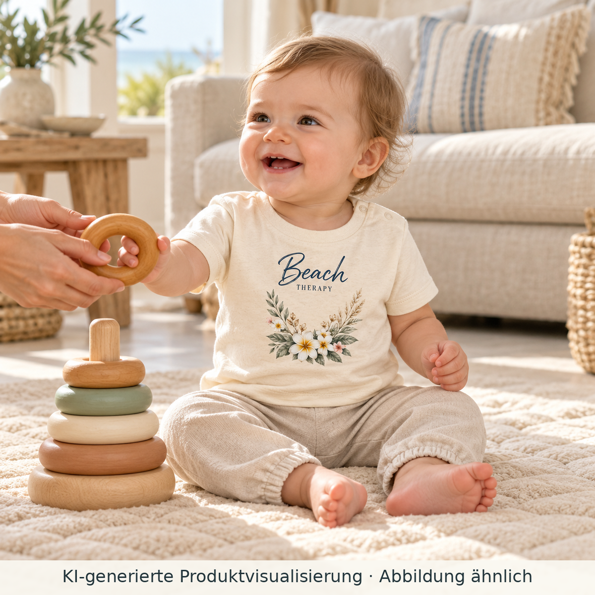 Baby spielt auf einer Matte und trägt ein Beach Therapy Baby Bio-T-Shirt in Natural Raw mit floralem Frontprint.