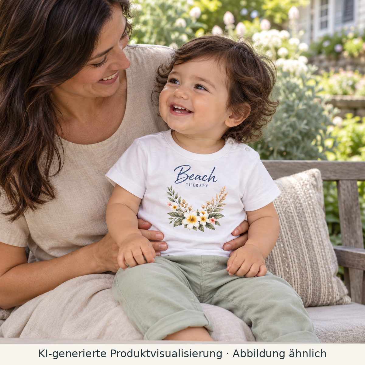 Baby sitzt auf dem Schoß seiner Mutter im Garten und trägt ein weißes Beach Therapy Baby Bio-T-Shirt mit floralem Frontprint.