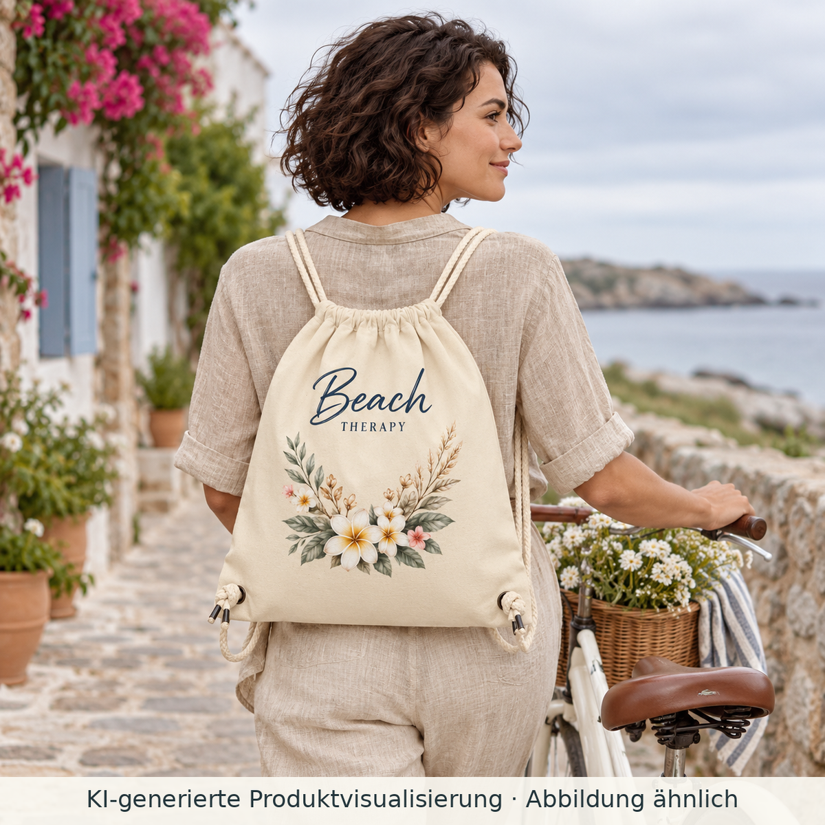 KI-generierte Produktvisualisierung: Frau trägt naturfarbenen Beach Therapy Turnbeutel mit floralem Außenmotiv beim Küstenbummel mit Fahrrad.