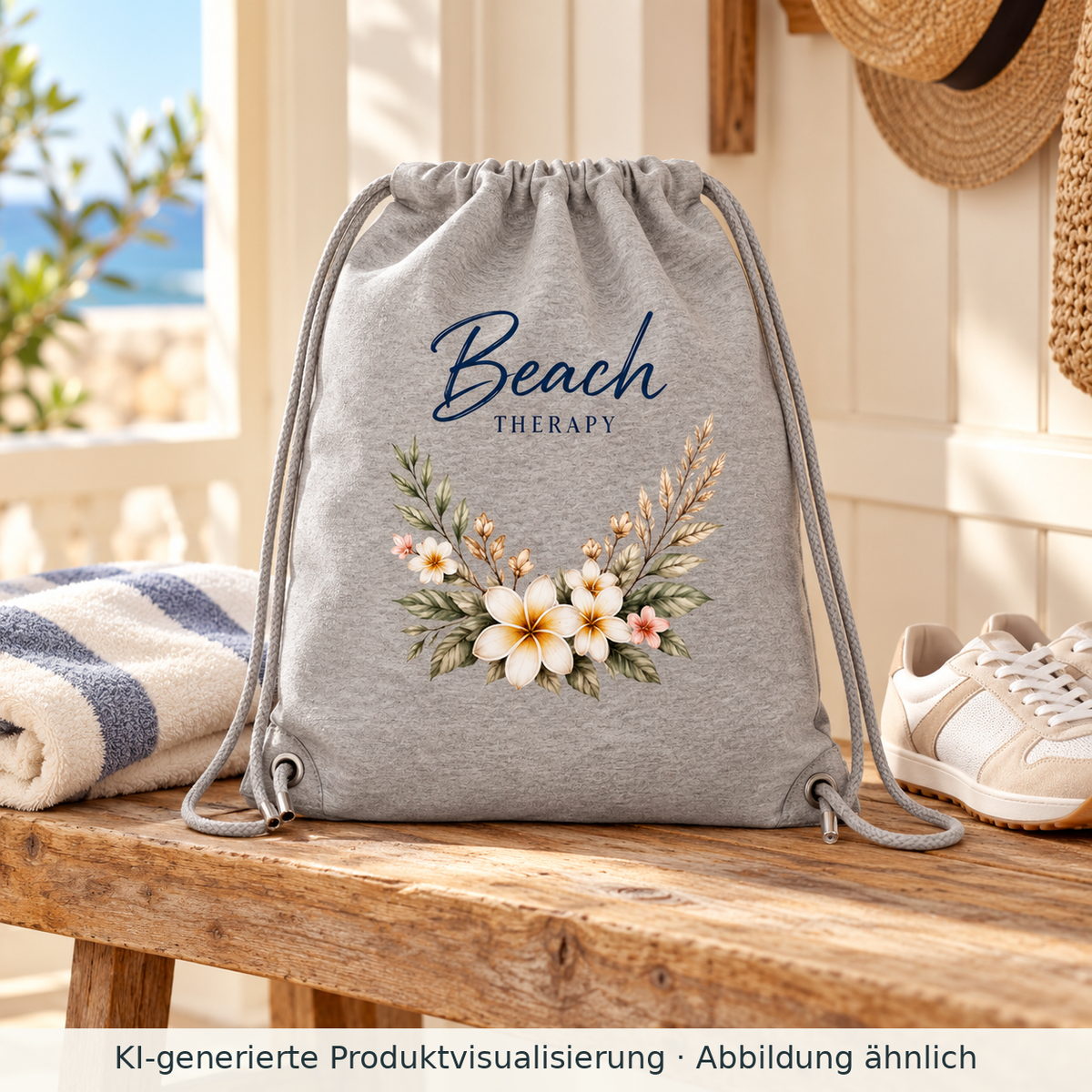 KI-generierte Produktvisualisierung: Heather-grauer Beach Therapy Turnbeutel mit floralem Außenmotiv auf einer Holzbank neben Handtuch und Schuhen.