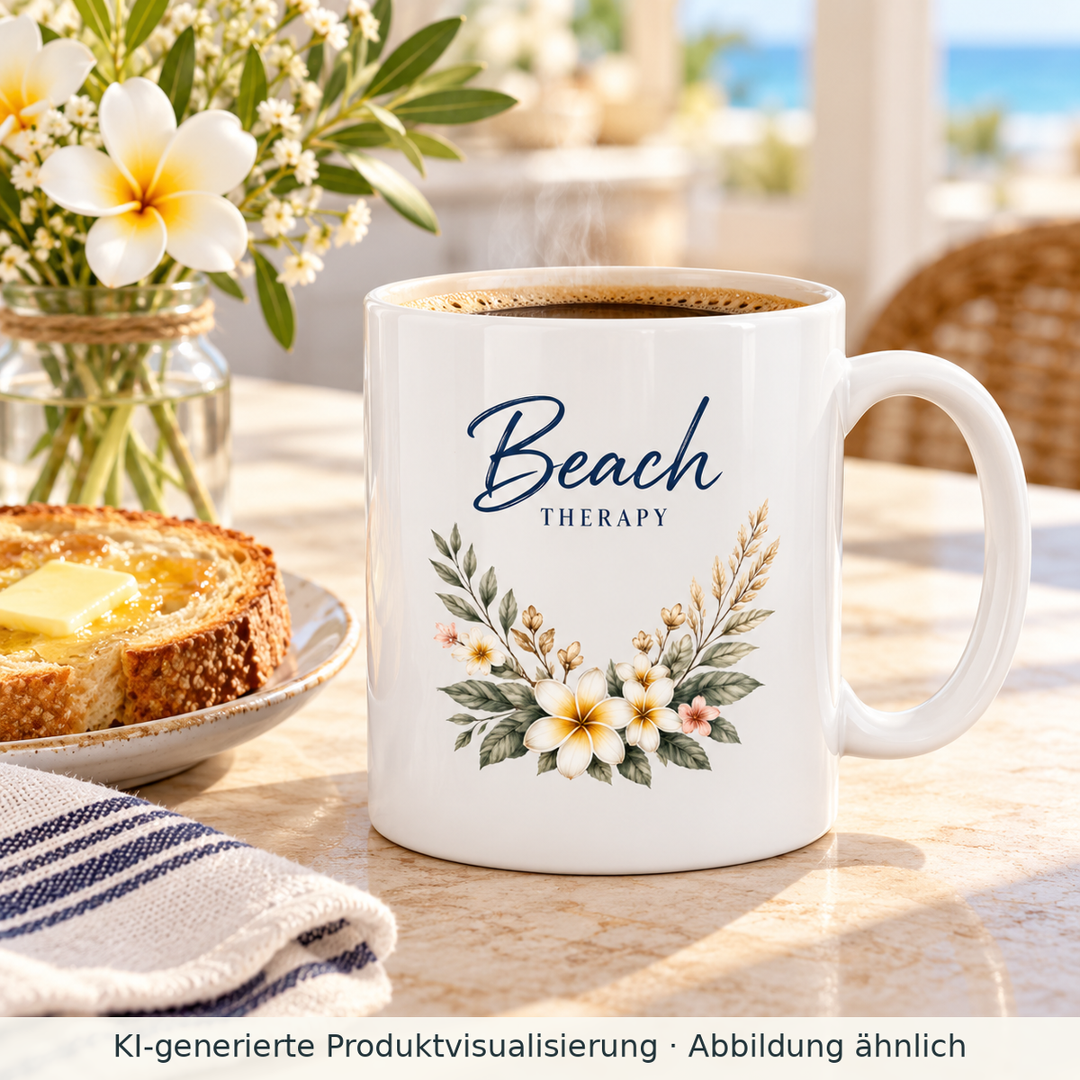 KI-generierte Produktvisualisierung: Weiße glänzende Beach Therapy Tasse mit floralem Außenmotiv beim Frühstück mit Kaffee und Toast.