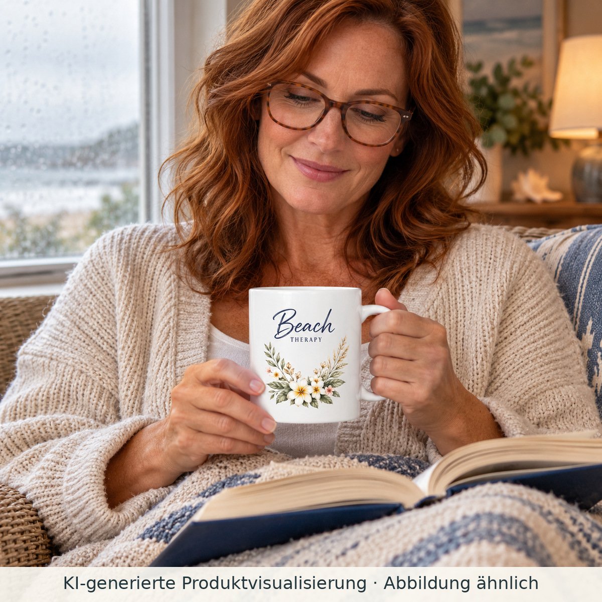 KI-generierte Produktvisualisierung: Frau hält eine weiße glänzende Beach Therapy Tasse mit floralem Außenmotiv bei einer Lesepause.