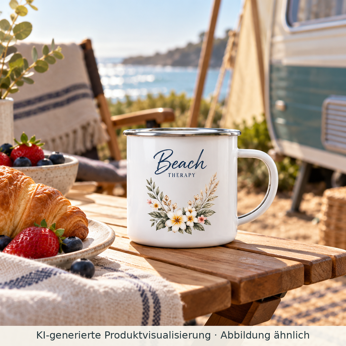 KI-generierte Produktvisualisierung: Weiße Beach Therapy Emaille-Tasse mit silberfarbenem Rand und floralem Außenmotiv auf einem Camping-Frühstückstisch.