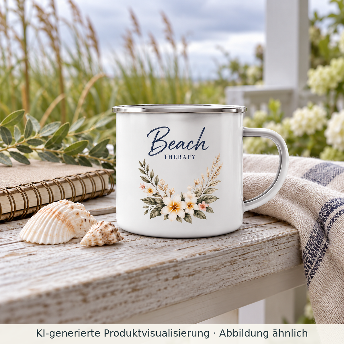 KI-generierte Produktvisualisierung: Weiße Beach Therapy Emaille-Tasse mit silberfarbenem Rand und floralem Außenmotiv neben Notizbuch auf einer Terrasse.