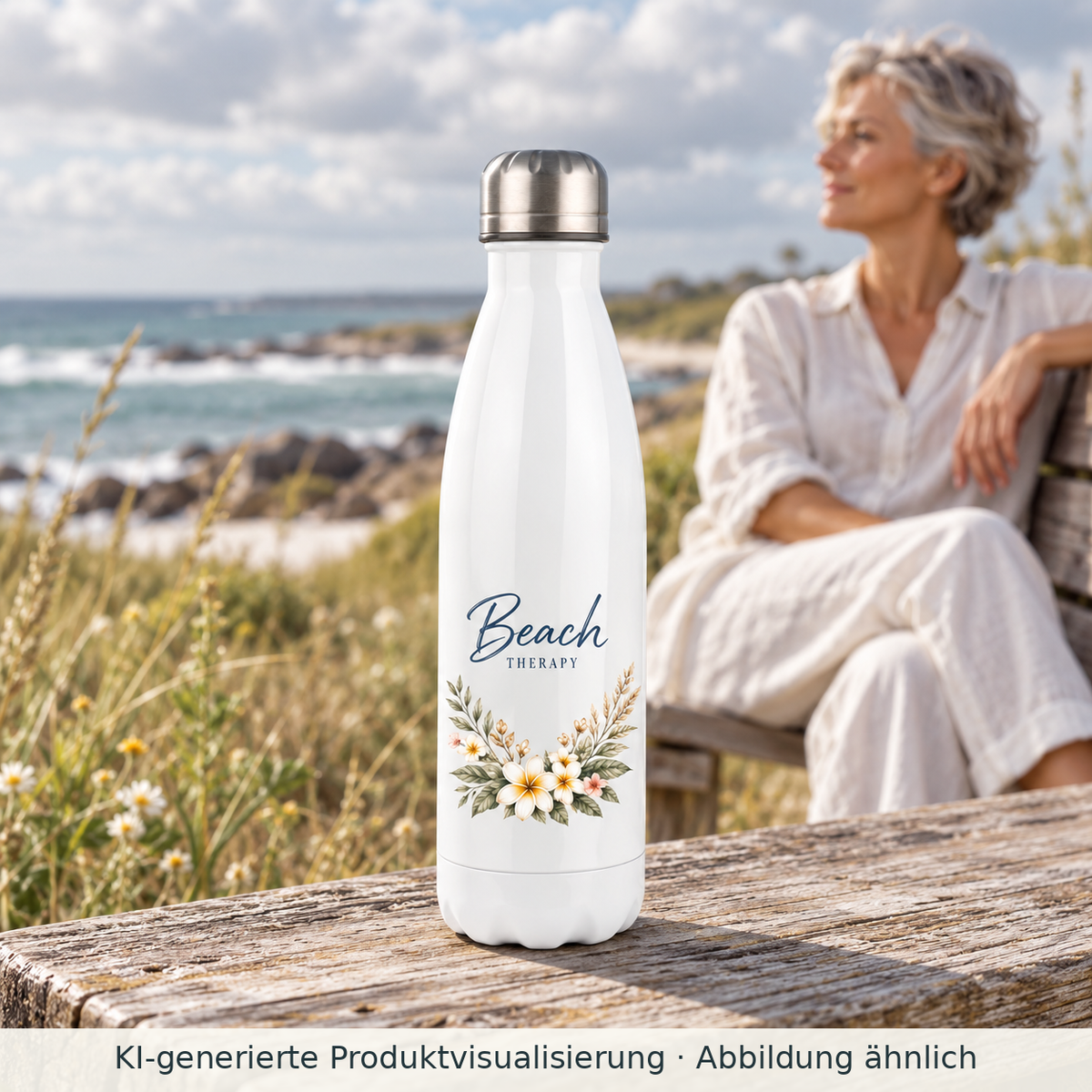 KI-generierte Produktvisualisierung: Weiße Beach Therapy Thermoflasche mit floralem Außenmotiv auf einer Bank am Küstenweg; eine Frau sitzt im Hintergrund.
