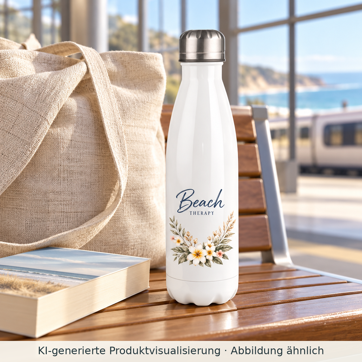 KI-generierte Produktvisualisierung: Weiße Beach Therapy Thermoflasche mit floralem Außenmotiv neben Tasche und Buch auf einer Sitzbank vor einer Reise.