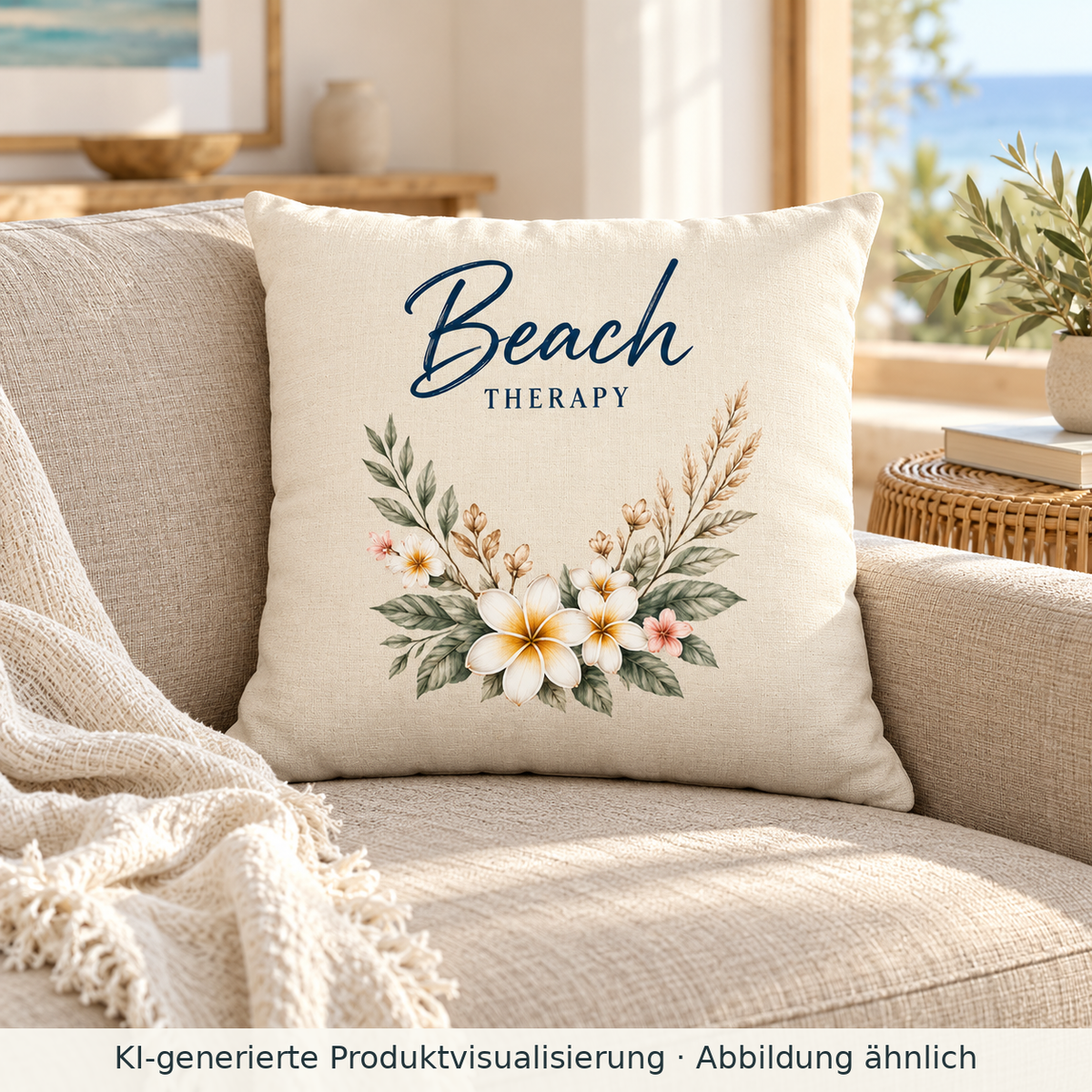 KI-generierte Produktvisualisierung: Naturfarbenes Beach Therapy Kissen mit floralem Vorderseitenmotiv auf einem Sofa in einer hellen Ferienwohnung.