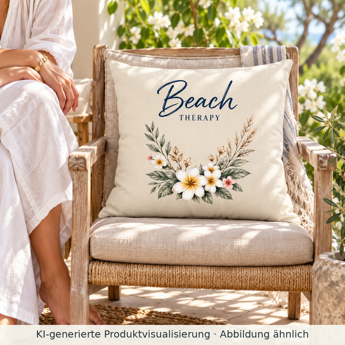 KI-generierte Produktvisualisierung: Naturfarbenes Beach Therapy Kissen mit floralem Vorderseitenmotiv auf einem Lesesessel auf einer Veranda.