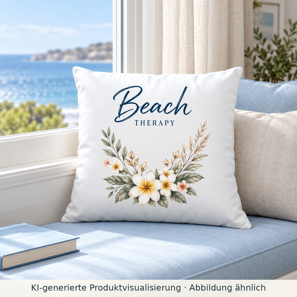 KI-generierte Produktvisualisierung: Weißes satiniertes Beach Therapy Kissen mit floralem Vorderseitenmotiv auf einer hellblauen Fensterbank-Sitzfläche.
