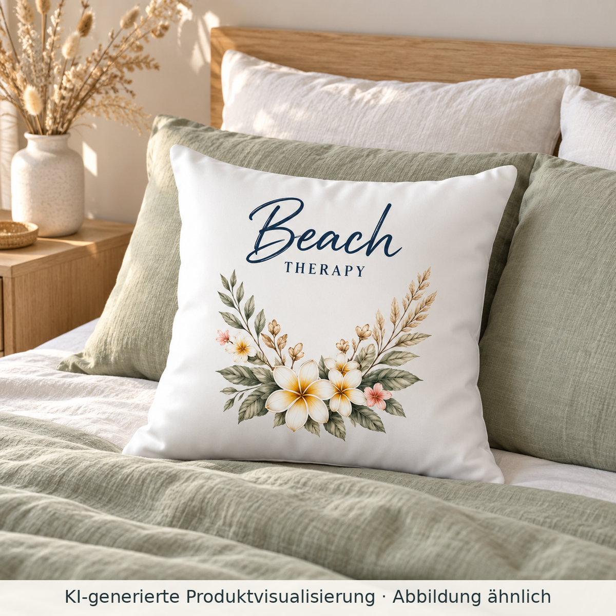 KI-generierte Produktvisualisierung: Weißes satiniertes Beach Therapy Kissen mit floralem Vorderseitenmotiv auf einem Bett mit salbeigrüner Wäsche.