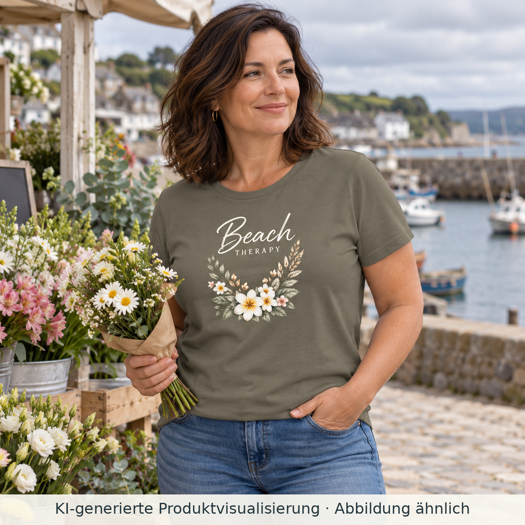 KI-generierte Produktvisualisierung: Frau trägt ein khakifarbenes Beach Therapy Damen Bio-T-Shirt mit floralem Frontprint und heller Schrift an einem Blumenstand.