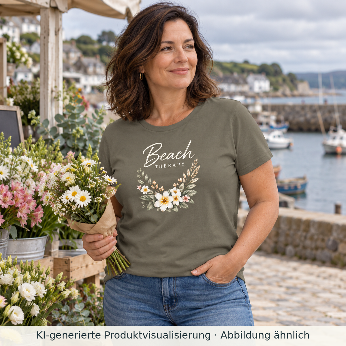 KI-generierte Produktvisualisierung: Frau trägt ein khakifarbenes Beach Therapy Damen Bio-T-Shirt mit floralem Frontprint und heller Schrift an einem Blumenstand.