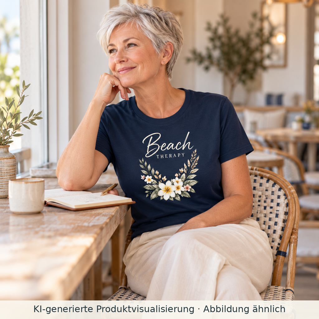 KI-generierte Produktvisualisierung: Frau trägt ein Beach Therapy Damen Bio-T-Shirt in French Navy mit floralem Frontprint und heller Schrift in einem Café.