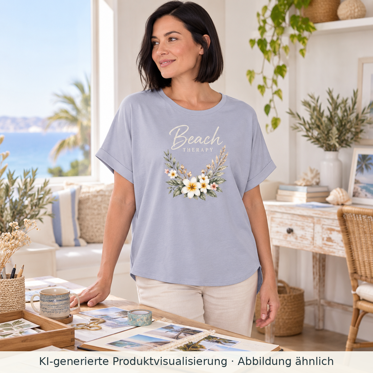 KI-generierte Produktvisualisierung: Frau trägt ein Beach Therapy Damen Bio-Shirt in Serene Blue mit gerollten Ärmeln und floralem Frontprint an einem kreativen Arbeitsplatz.