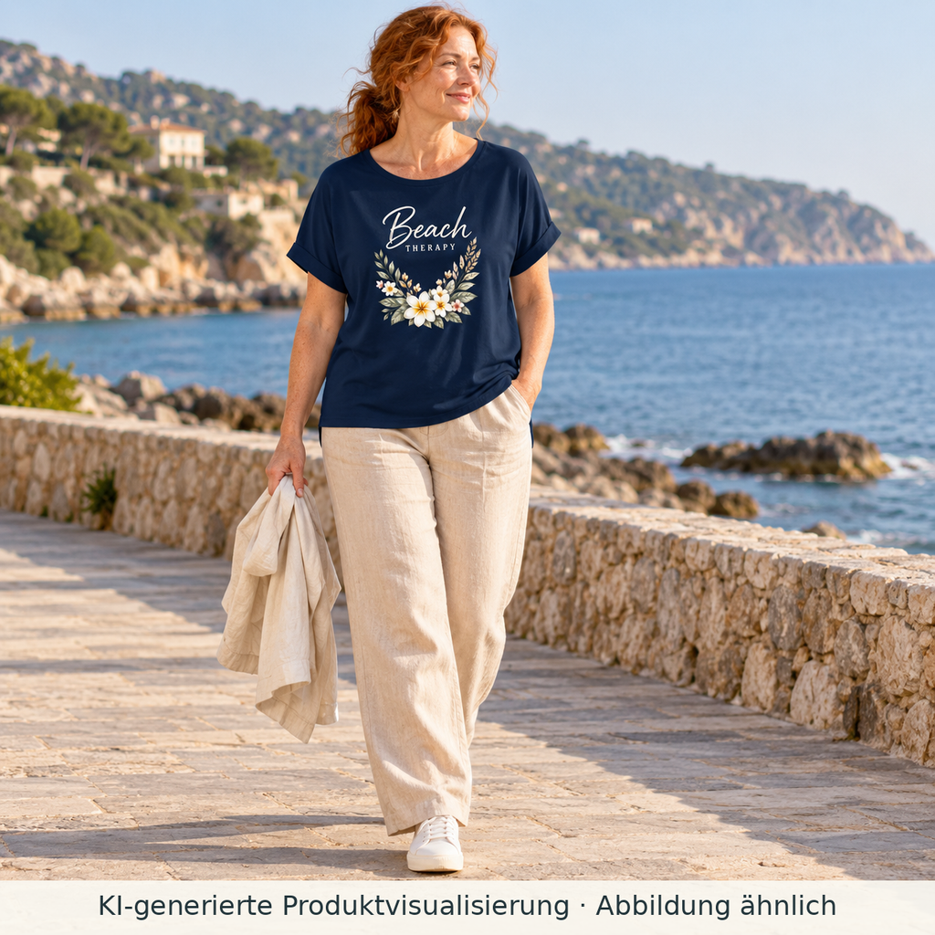 KI-generierte Produktvisualisierung: Frau trägt ein Beach Therapy Damen Bio-Shirt in French Navy mit gerollten Ärmeln und floralem Frontprint beim Küstenspaziergang.
