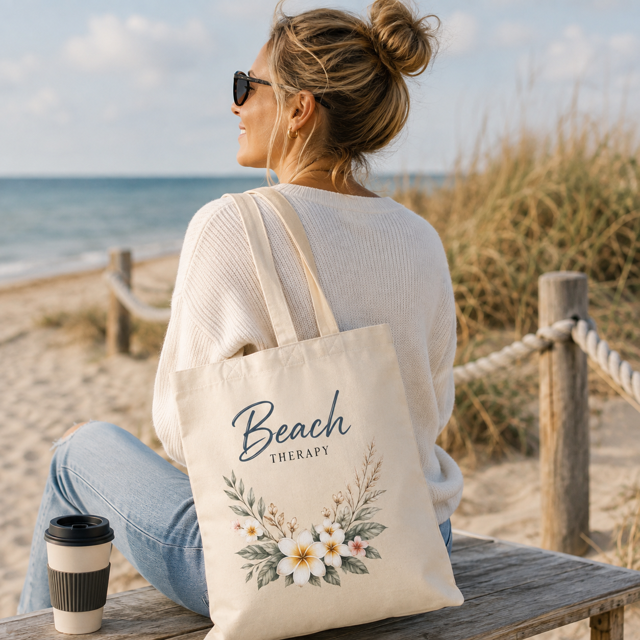 Frau am Strand mit naturfarbener Nomavé Stofftasche „Beach Therapy“ mit floralem Design