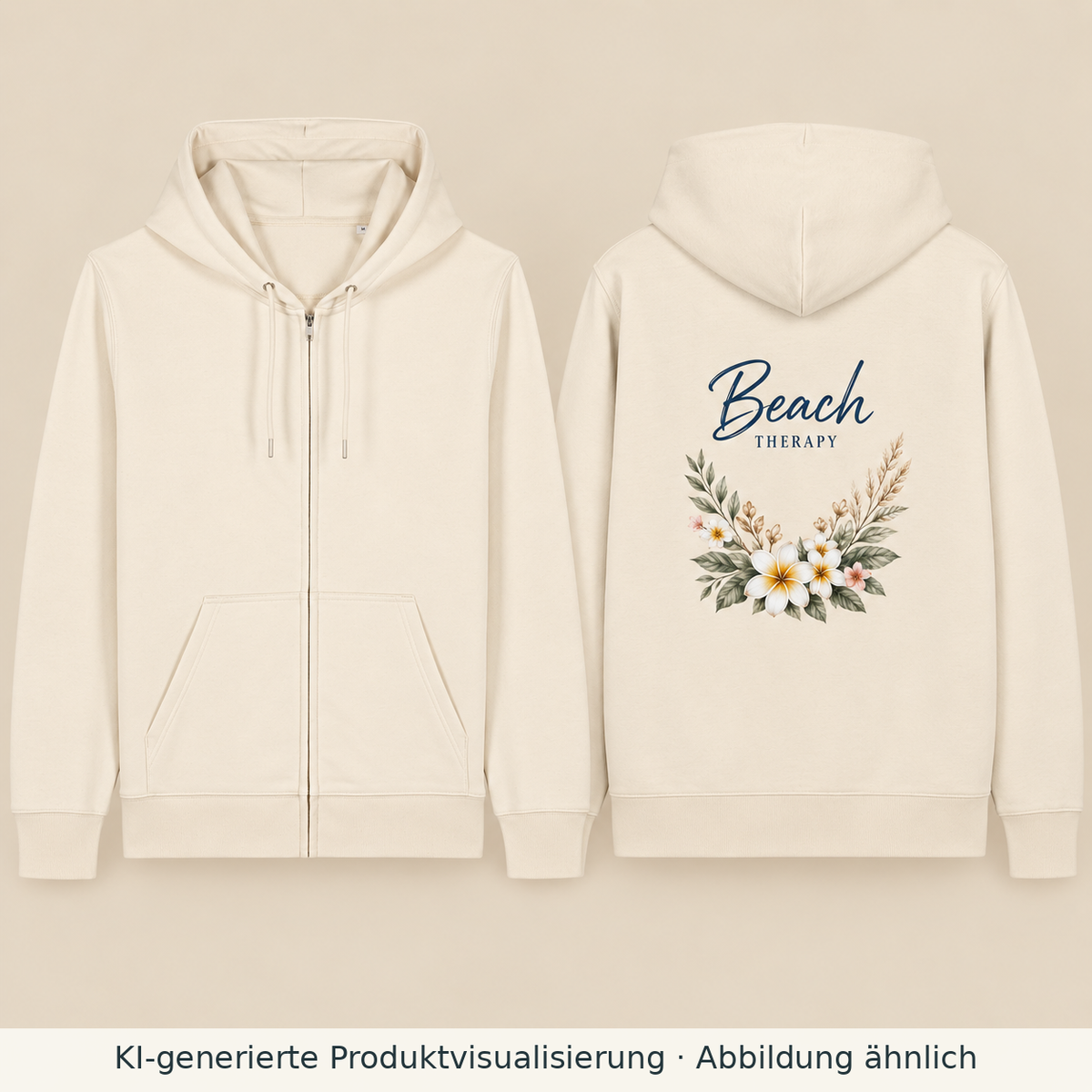 KI-generierte Produktvisualisierung: Beach Therapy Bio-Zipper in Natural Raw, links unbedruckte Vorderseite mit Reißverschluss, rechts floraler Rückenprint.