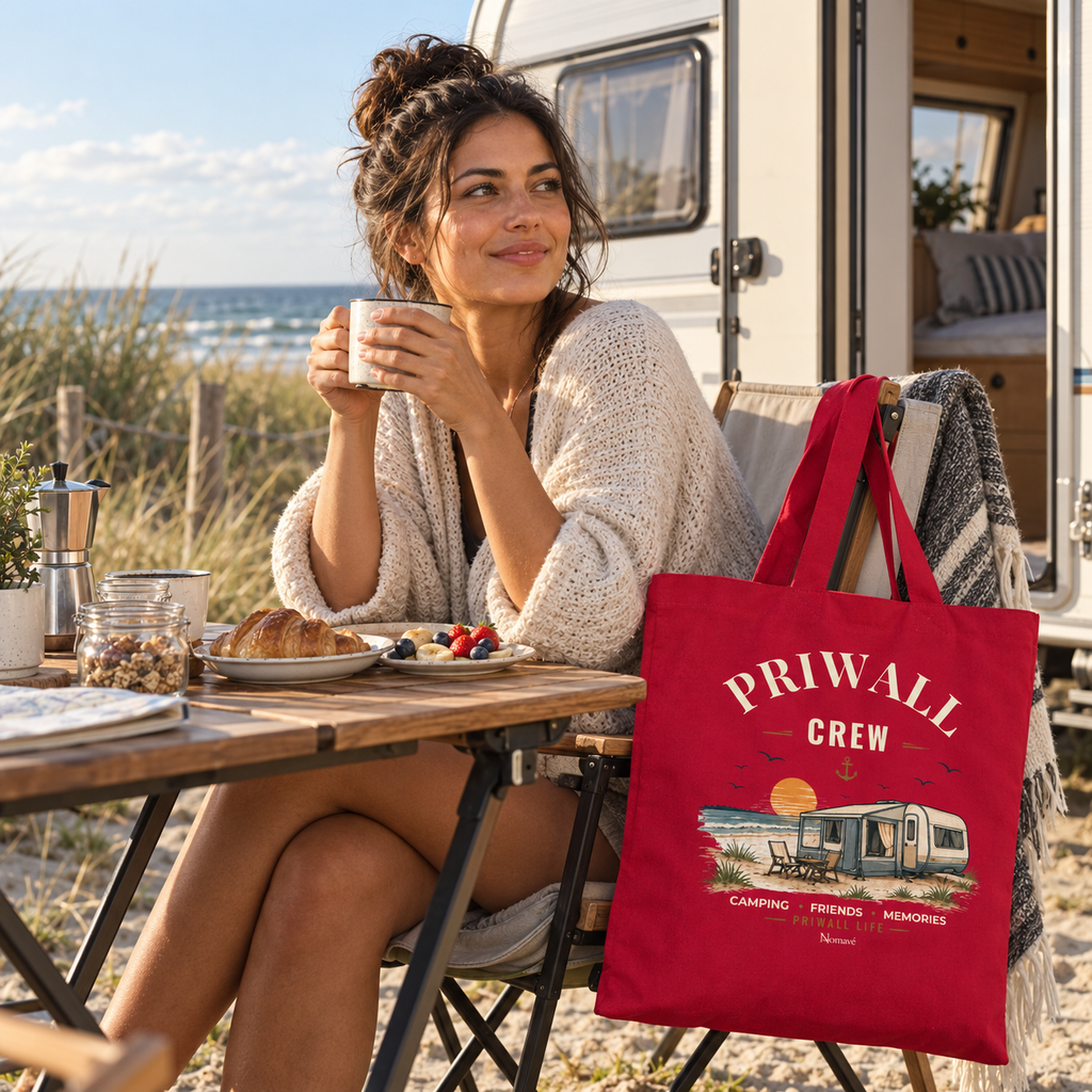 Rote Bio-Baumwolltasche mit Priwall-Crew-Motiv beim Camping-Frühstück an der Küste