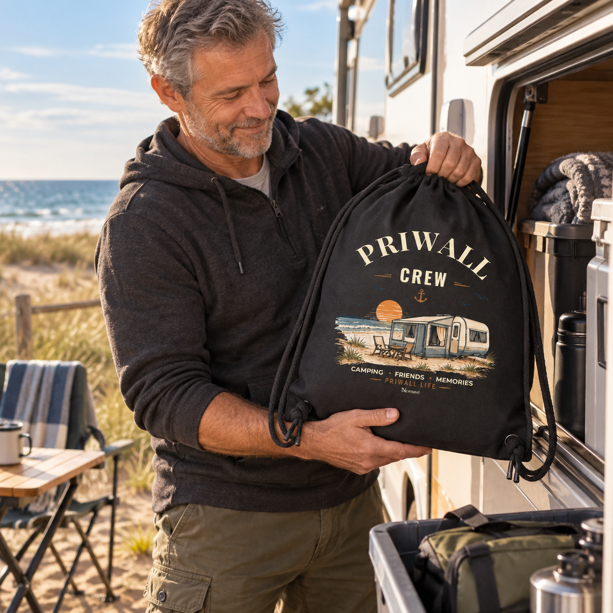 Schwarzer Bio Gym-Bag mit Priwall-Crew-Motiv bei einer Camping-Szene an der Küste