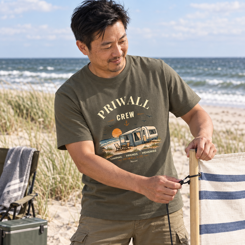 Mann im khakifarbenen Bio-Heavy Shirt mit Priwall-Crew-Motiv am Ostseestrand