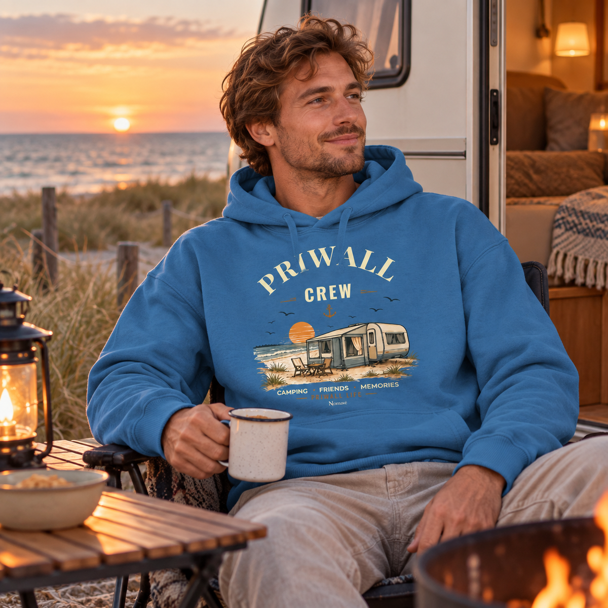 Mann im mindful-blauen Bio Oversize Hoodie mit Priwall-Crew-Motiv bei einem Camper-Abend
