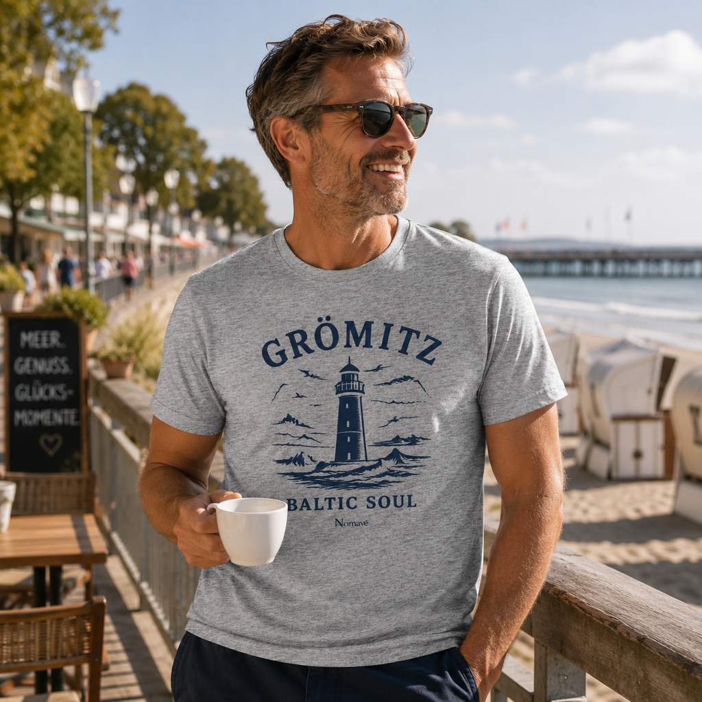 Mann trägt das graumelierte Bio-T-Shirt „Baltic Soul“ aus der offiziellen Grömitz-Kollektion von Nomavé auf der Grömitzer Promenade mit Blick auf Strand und Ostsee – maritimer Küstenlook in hochwertiger Bio-Qualität.