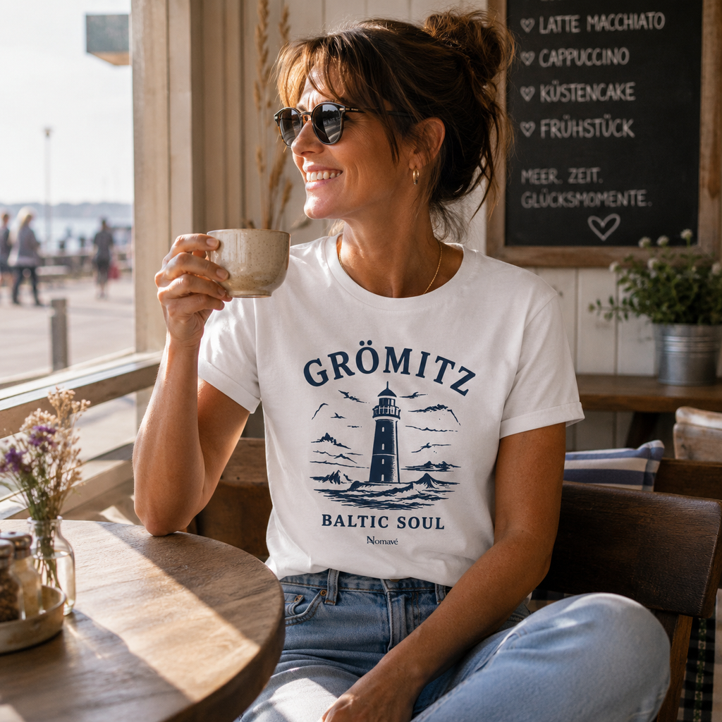 Weißes Bio-T-Shirt „Baltic Soul“ aus der offiziellen Grömitz-Kollektion von Nomavé, getragen von einer Frau in einem gemütlichen Café an der Grömitzer Promenade – maritimer Küstenstil in hochwertiger Bio-Qualität.
