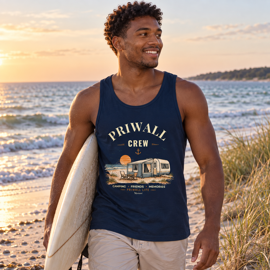 Mann im french-navy Bio Tank Top mit Priwall-Crew-Motiv am Ostseestrand
