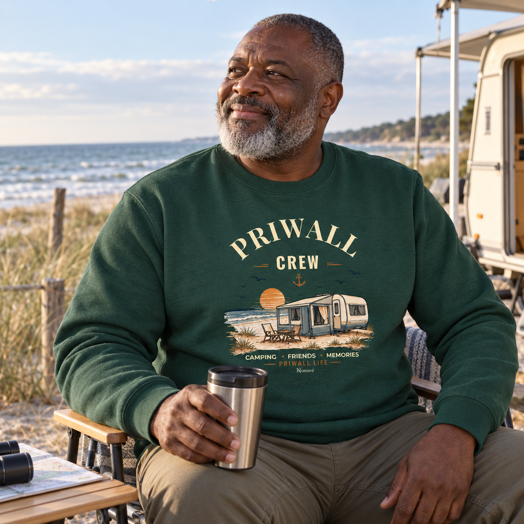 Mann im bottle-grünen Bio Sweatshirt mit Priwall-Crew-Motiv beim Ostsee-Camping
