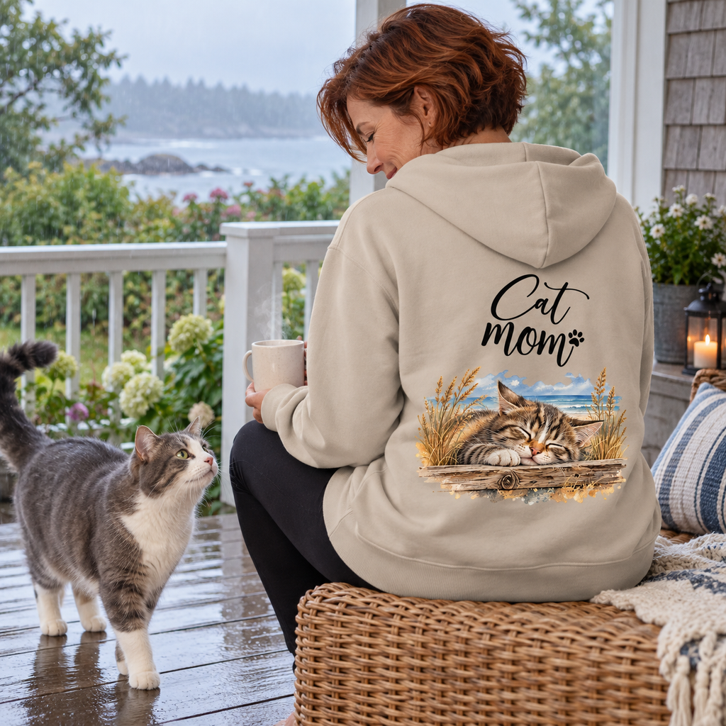 Cat Mom Bio-Hoodie in Desert Dust mit Rückenprint, Frau sitzt mit einem Becher auf der Veranda neben einer grau-weißen Katze.