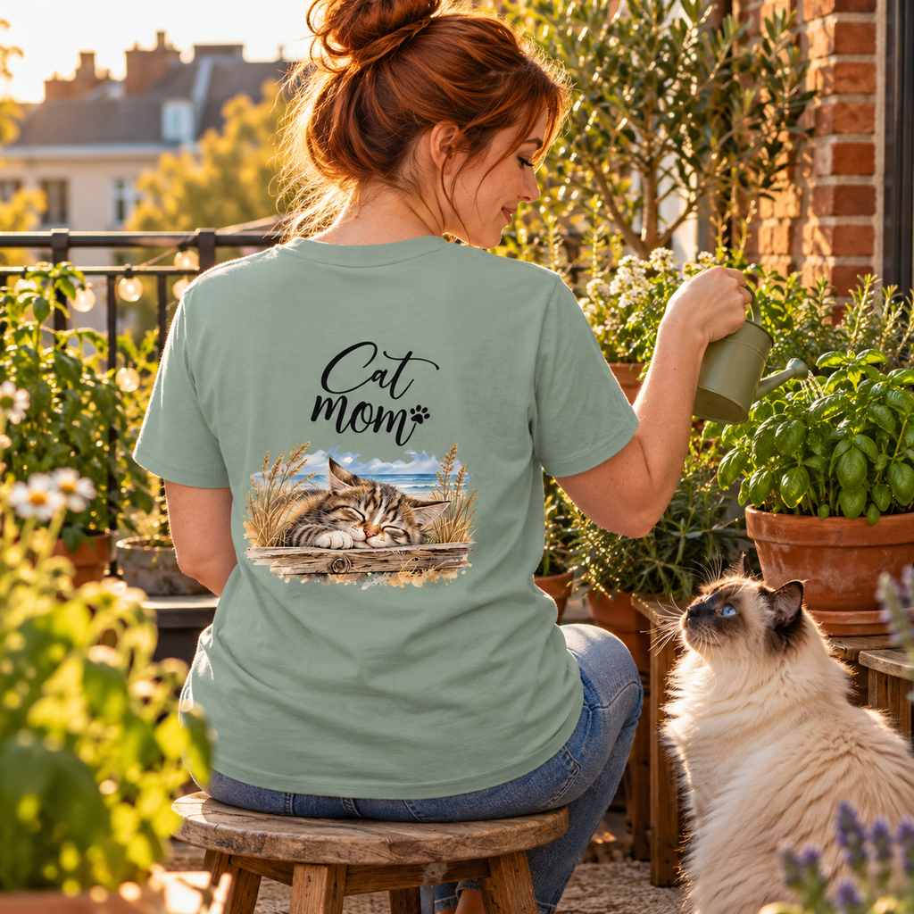 Cat Mom Unisex Bio-T-Shirt in Aloe mit Rückenprint, sitzende Frau gießt Balkonkräuter neben einer Birmakatze.