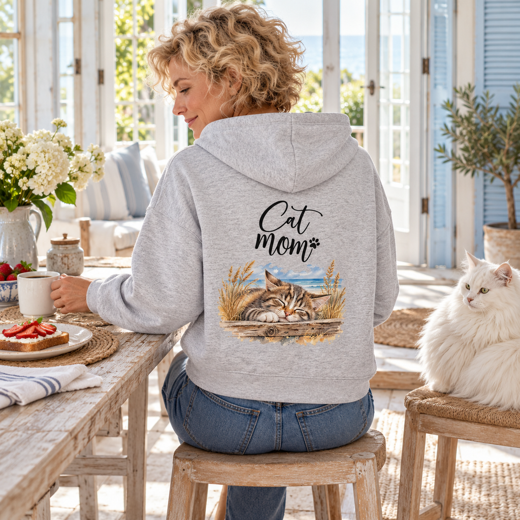 Cat Mom Damen Bio-Boxcut-Hoodie in Cool Heather Grey mit Rückenprint, Frau frühstückt im Wintergarten neben einer weißen Langhaarkatze.