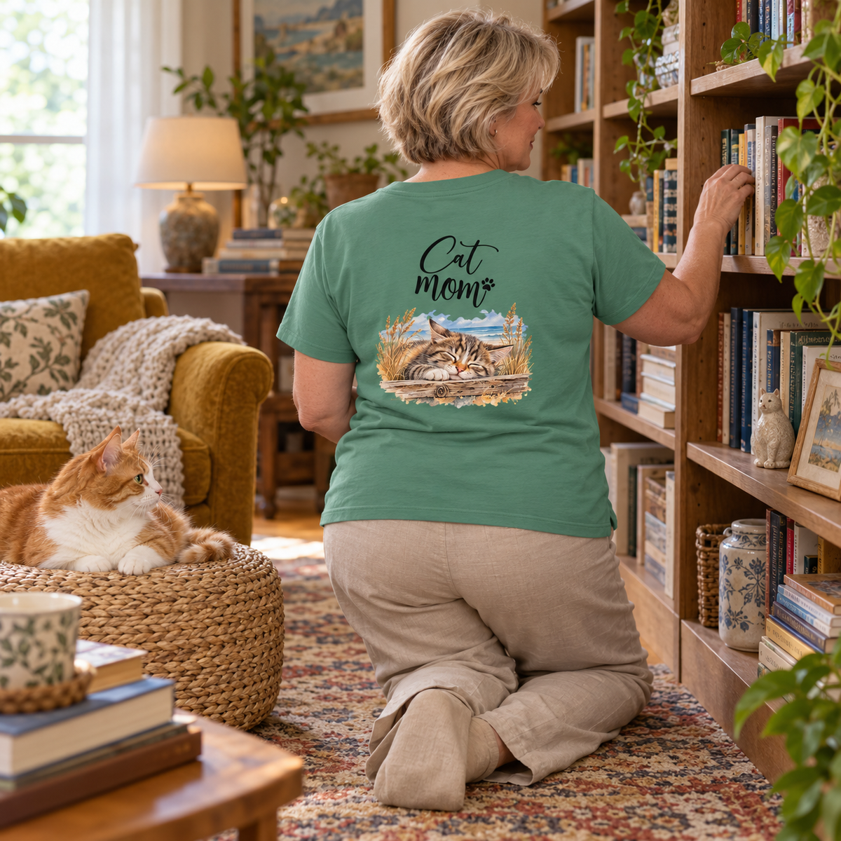 Cat Mom Damen Bio-T-Shirt in Green Bay mit Rückenprint, Frau wählt kniend ein Buch aus, rot-weiße Katze auf einem Hocker.