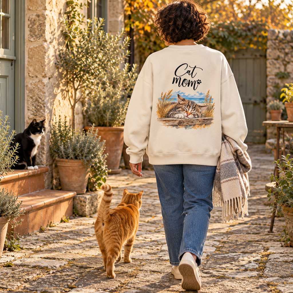 Cat Mom Bio-Oversize-Sweatshirt in Cream mit Rückenprint, Frau geht durch einen sonnigen Innenhof mit einer roten und einer schwarz-weißen Katze.