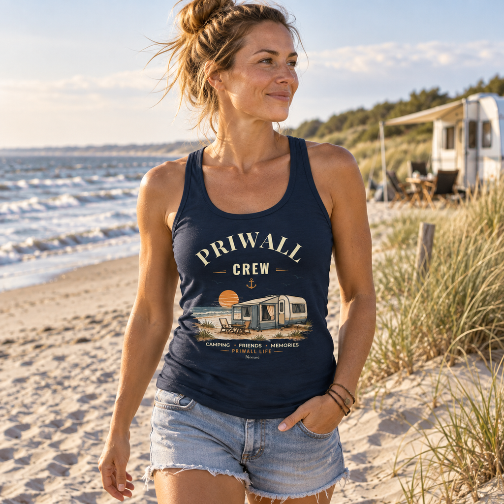 Frau im french-navy Damen Bio Fitted Tank Top mit Priwall-Crew-Motiv am Ostseestrand