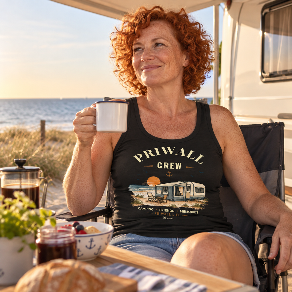 Frau im schwarzen Damen Bio Fitted Tank Top mit Priwall-Crew-Motiv beim Camping-Frühstück