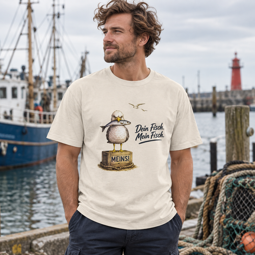 Mann im Dein Fisch. Mein Fisch. Bio-Heavy T-Shirt am Hafen