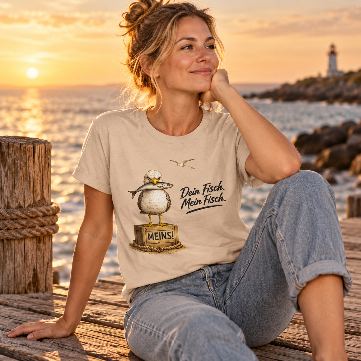 Frau im Dein Fisch. Mein Fisch. Essential T-Shirt auf einem Küstensteg