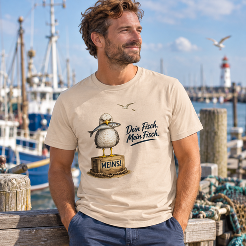 Mann im Dein Fisch. Mein Fisch. Essential T-Shirt am Hafen
