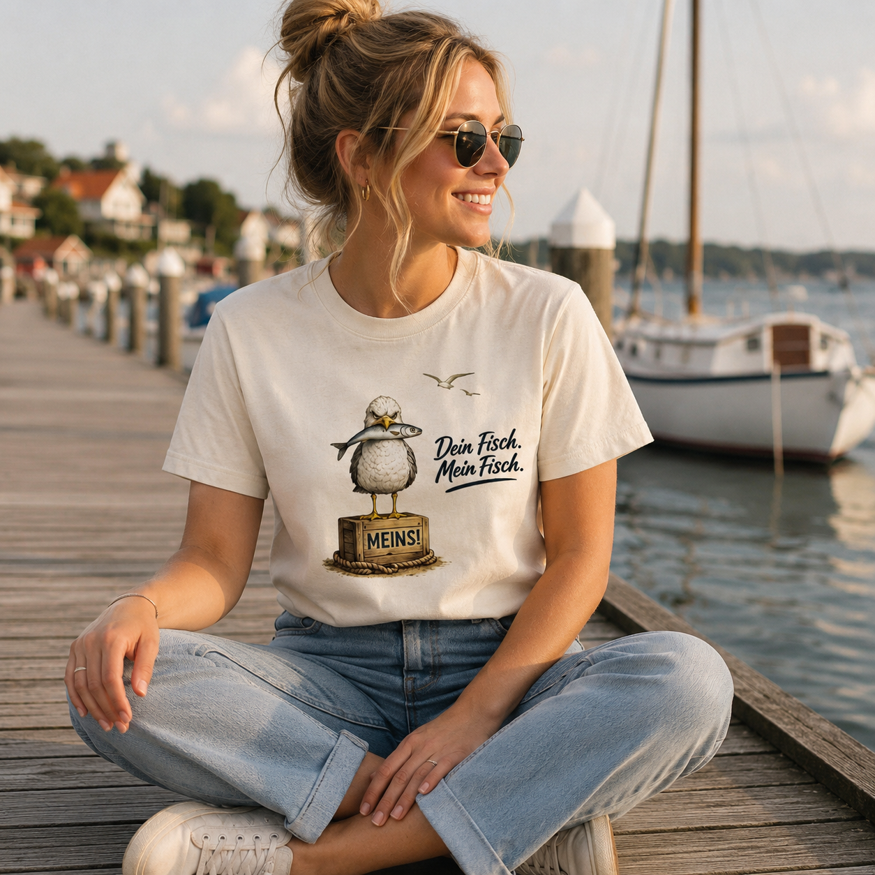 Frau auf einem Steg am Hafen mit Nomavé T-Shirt „Dein Fisch. Mein Fisch.“ und Möwenmotiv
