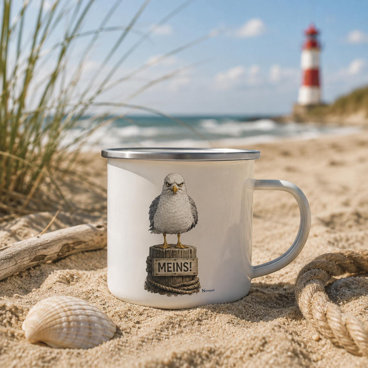 Weißer Emaille-Becher von Nomavé mit dem Motiv „Möwe mit Meinung – MEINS!“ im Sand am Strand. Der robuste Campingbecher mit der grimmigen Möwe Alpha auf einem Poller ist der perfekte Begleiter für Camping, Vanlife, Strandtage und Outdoor-Abenteuer an der Küste.
