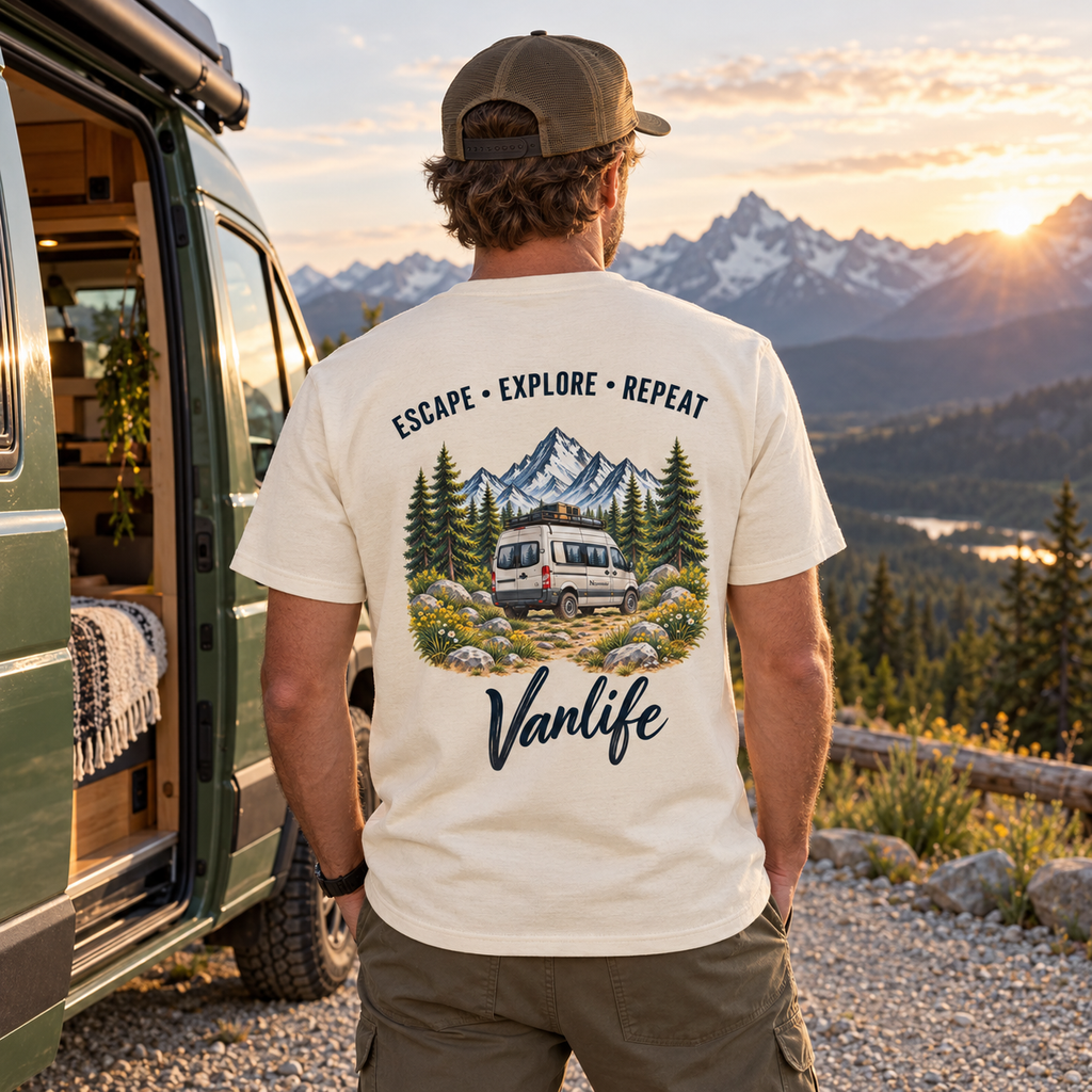Bio T-Shirt in Natural Raw mit Escape Explore Repeat Backprint auf einer Bergstraße am grünen Camper