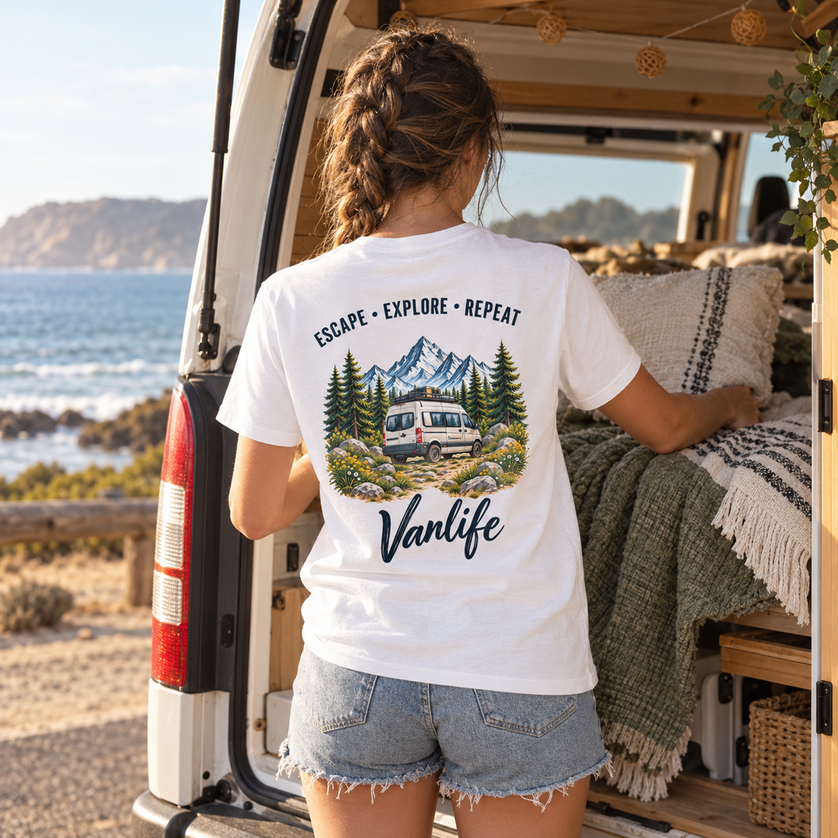 Bio T-Shirt in Weiß mit Vanlife Backprint beim Einrichten des Campers am Strand