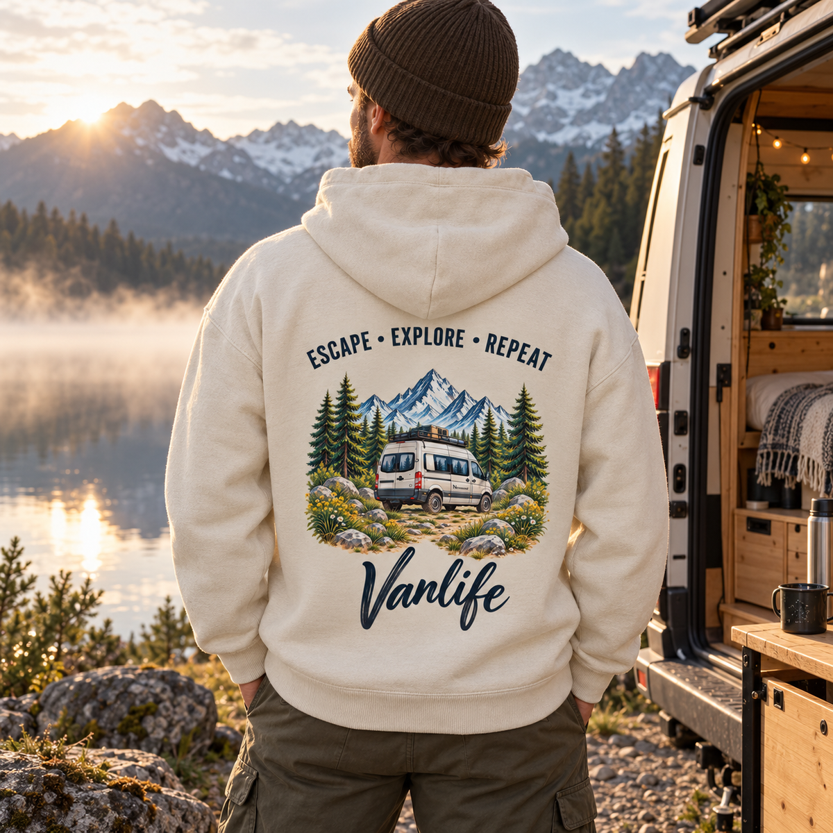 Bio Oversize Hoodie in Natural Raw mit Escape Explore Repeat Backprint am nebligen Bergsee