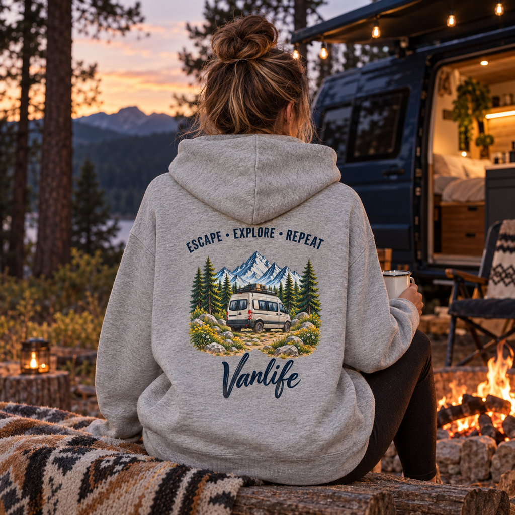 Bio Oversize Hoodie in Heather Grey mit Vanlife Backprint am abendlichen Waldcamp