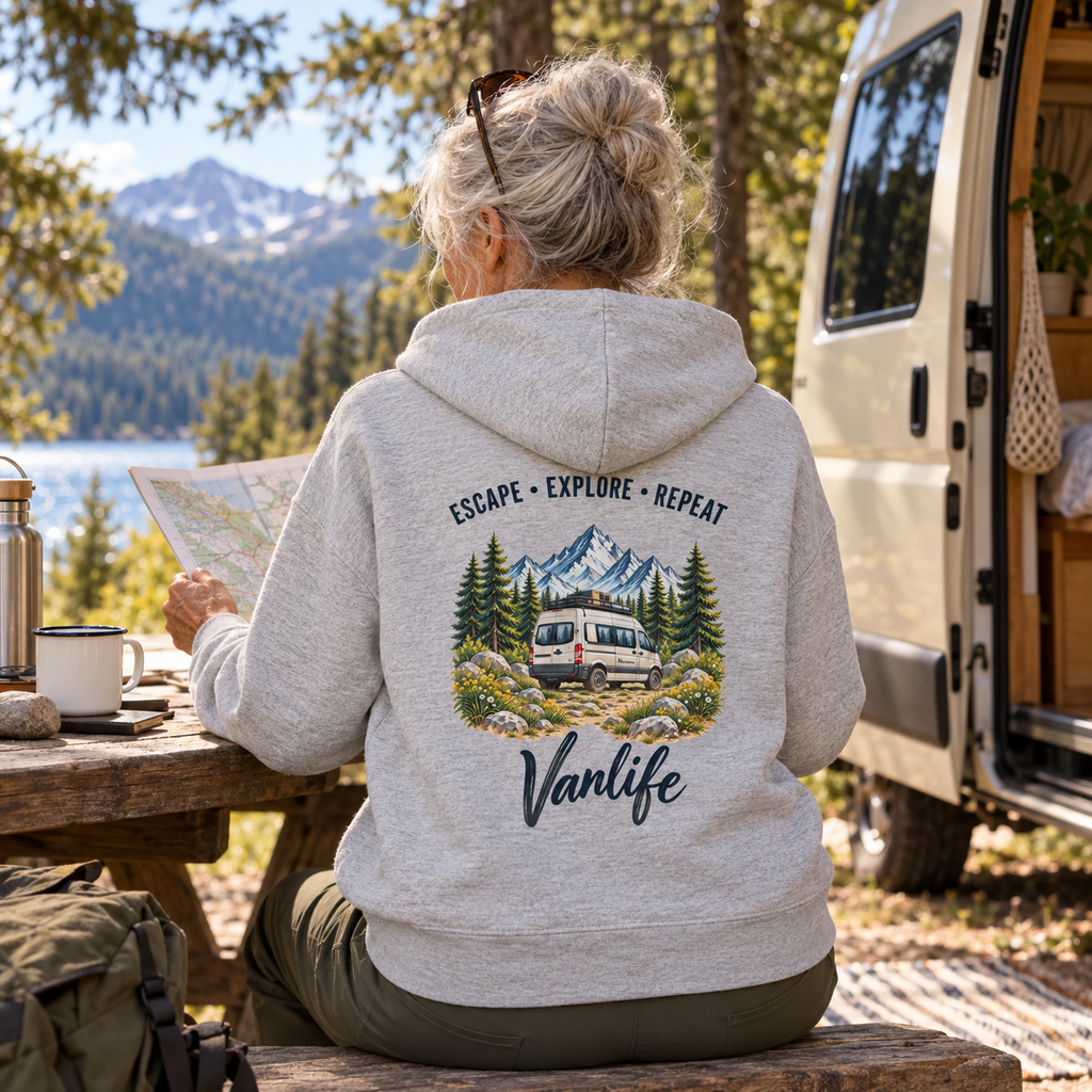 Damen Bio Boxcut Hoodie in Cool Heather Grey mit Vanlife Backprint beim Kartenlesen am Waldcamp