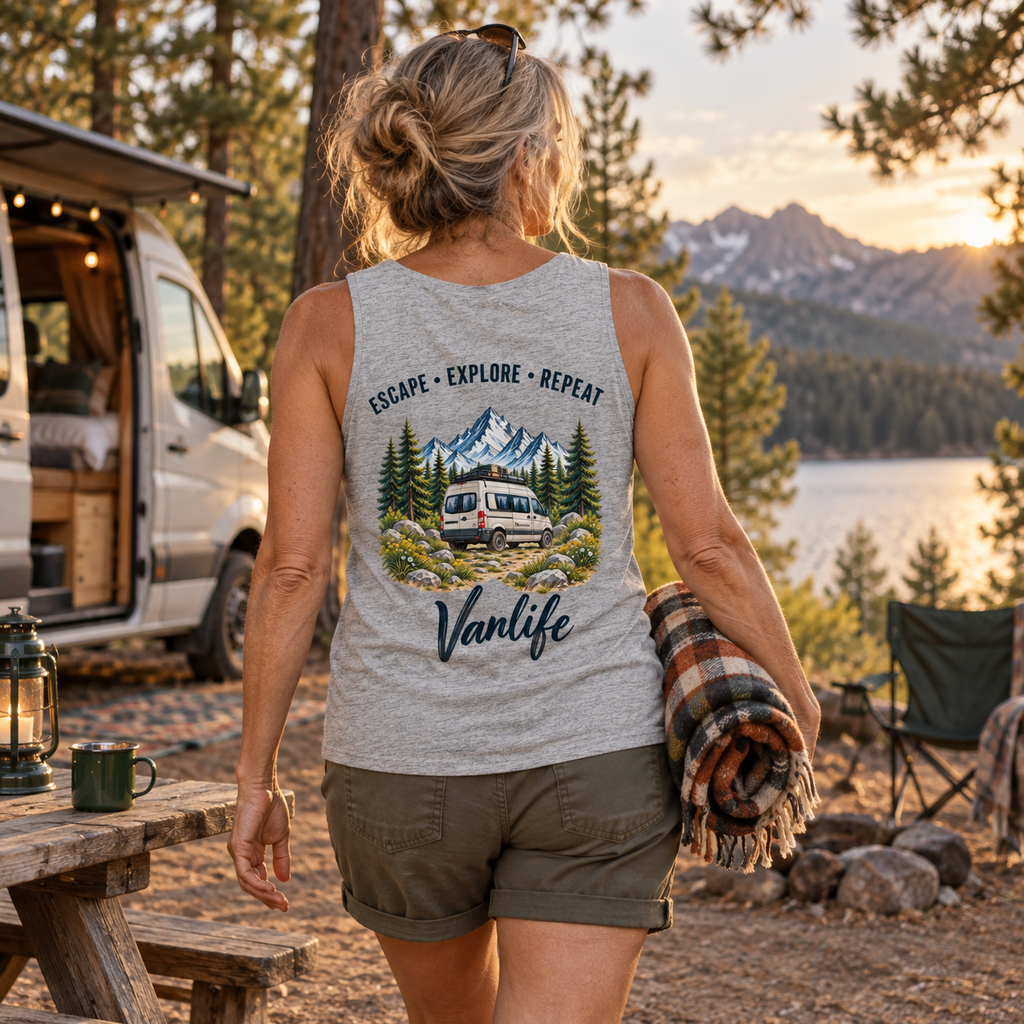 Bio Tank Top in Heather Grey mit Vanlife Backprint beim Abendspaziergang über den Campingplatz